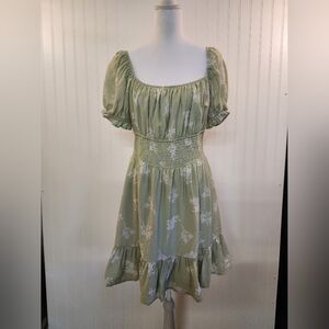 Hesperus Women Lime Floral Print Flare Mini Dress Size XL Cottagecore Milkmaid